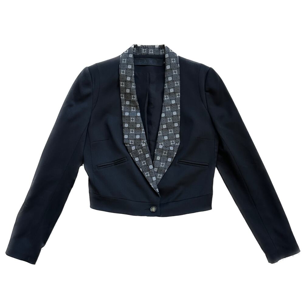 L.A.M.B Gwen Stefani Jacquard Lapel Wool Cropped Blazer Jacket Black Grey Size 4